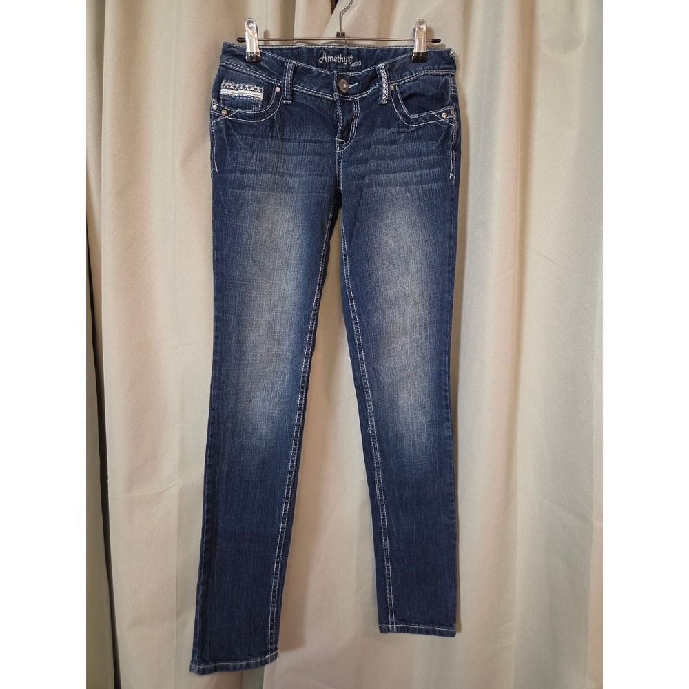 Amethyst Jeans Womens 3 Dark Wash Skinny Embroidered Sequin Low Rise Denim